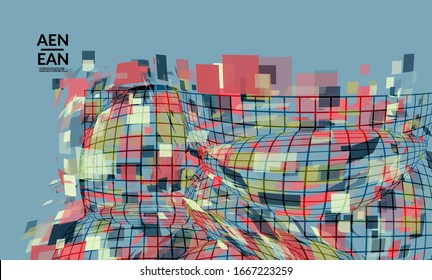 Square pixel mosaic distorted shape. Transparent overlapping squatters create dynamic movement effect. Abstract air balloon vector background.