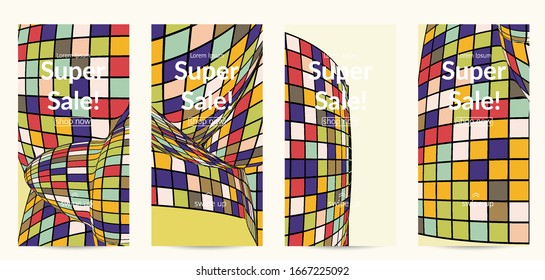 Square pixel mosaic distorted shape. Black wire frame over flat retro colors. Abstract air balloon vector background.