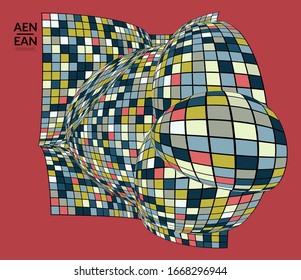 Square pixel mosaic distorted shape. Black wire frame over flat retro colors. Abstract air balloon vector background.