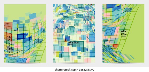 Square pixel mosaic distorted shape. Transparent overlapping squatters create dynamic movement effect. Abstract air balloon vector background.