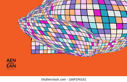 Square pixel mosaic distorted shape. Black wire frame over flat retro colors. Abstract air balloon vector background.