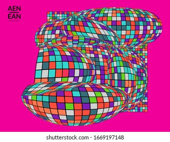 Square pixel mosaic distorted shape. Black wire frame over flat retro colors. Abstract air balloon vector background.