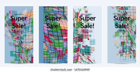 Square pixel mosaic distorted shape. Transparent overlapping squatters create dynamic movement effect. Abstract air balloon vector background.