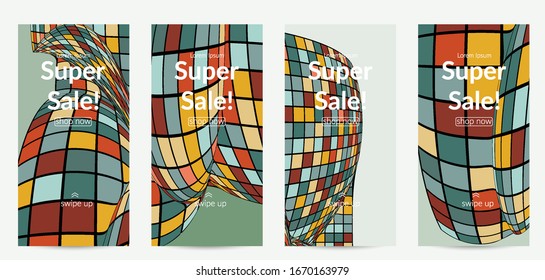 Square pixel mosaic distorted shape. Black wire frame over flat retro colors. Abstract air balloon vector background.
