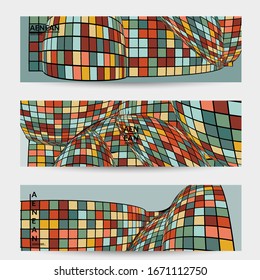 Square pixel mosaic distorted shape. Black wire frame over flat retro colors. Abstract air balloon vector background.