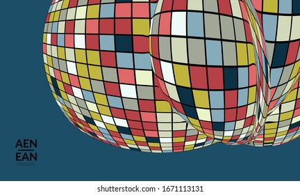 Square pixel mosaic distorted shape. Black wire frame over flat retro colors. Abstract air balloon vector background.