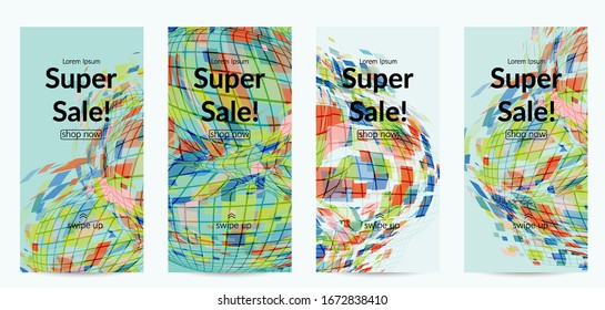 Forma distorsionada de mosaico de píxeles cuadrados. Los cuáqueros superpuestos transparentes crean un efecto de movimiento dinámico. Fondo vectorial de globo aerostático abstracto.