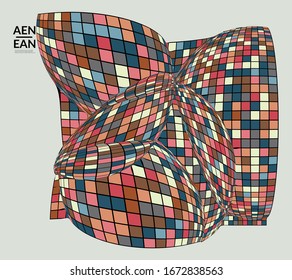 Forma distorsionada de mosaico de píxeles cuadrados. Marco de alambre negro sobre colores retro planos. Fondo vectorial de globo aerostático abstracto.