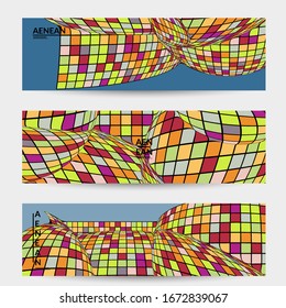 Forma distorsionada de mosaico de píxeles cuadrados. Marco de alambre negro sobre colores retro planos. Fondo vectorial de globo aerostático abstracto.