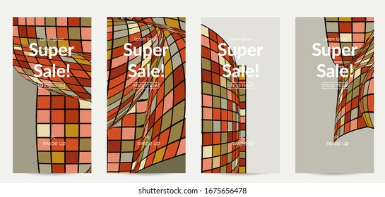 Square pixel mosaic distorted shape. Black wire frame over flat retro colors. Abstract air balloon vector background.