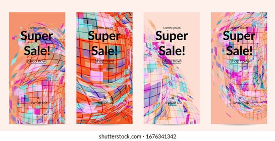 Square pixel mosaic distorted shape. Transparent overlapping squatters create dynamic movement effect. Abstract air balloon vector background.