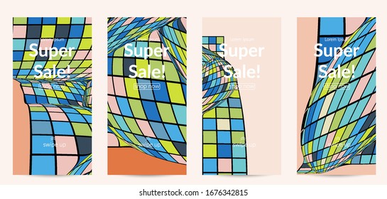 Square pixel mosaic distorted shape. Black wire frame over flat retro colors. Abstract air balloon vector background.