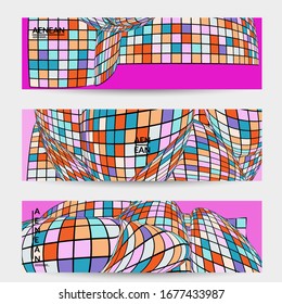 Square pixel mosaic distorted shape. Black wire frame over flat retro colors. Abstract air balloon vector background.