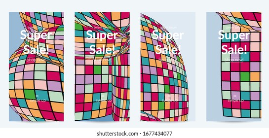 Square pixel mosaic distorted shape. Black wire frame over flat retro colors. Abstract air balloon vector background.