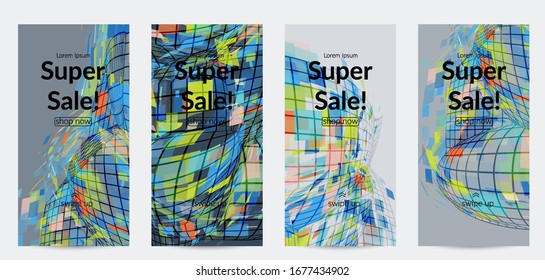 Square pixel mosaic distorted shape. Transparent overlapping squatters create dynamic movement effect. Abstract air balloon vector background.