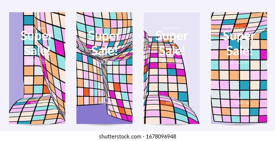 Square pixel mosaic distorted shape. Black wire frame over flat retro colors. Abstract air balloon vector background.