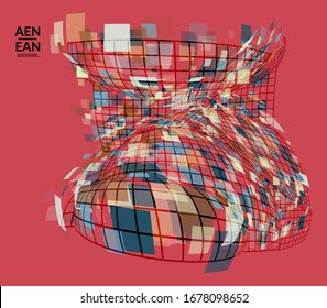 Square pixel mosaic distorted shape. Transparent overlapping squatters create dynamic movement effect. Abstract air balloon vector background