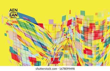 Square pixel mosaic distorted shape. Transparent overlapping squatters create dynamic movement effect. Abstract air balloon vector background.