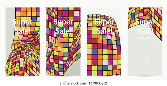 Square pixel mosaic distorted shape. Black wire frame over flat retro colors. Abstract air balloon vector background.