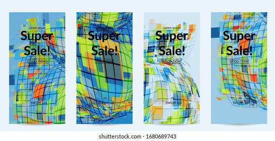 Square pixel mosaic distorted shape. Transparent overlapping squatters create dynamic movement effect. Abstract air balloon vector background.
