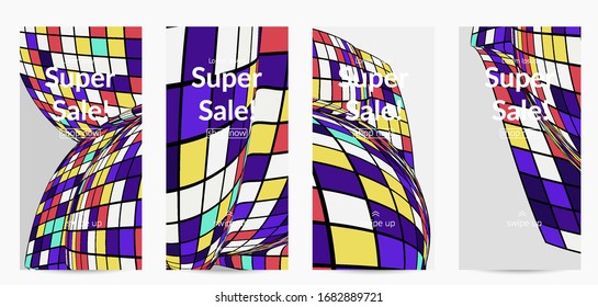 Square pixel mosaic distorted shape. Black wire frame over flat retro colors. Abstract air balloon vector background.