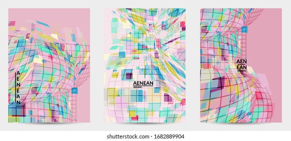 Square pixel mosaic distorted shape. Transparent overlapping squatters create dynamic movement effect. Abstract air balloon vector background.