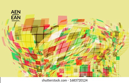 Square pixel mosaic distorted shape. Transparent overlapping squatters create dynamic movement effect. Abstract air balloon vector background.