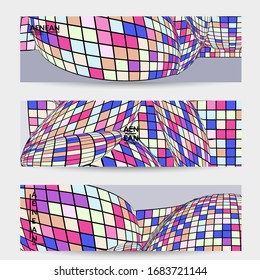 Square pixel mosaic distorted shape. Black wire frame over flat retro colors. Abstract air balloon vector background.