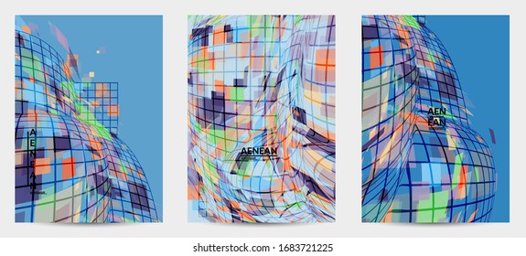 Square pixel mosaic distorted shape. Transparent overlapping squatters create dynamic movement effect. Abstract air balloon vector background.