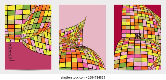 Square pixel mosaic distorted shape. Black wire frame over flat retro colors. Abstract air balloon vector background.