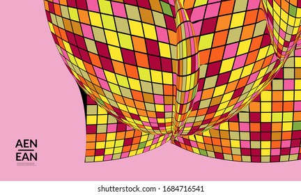 Square pixel mosaic distorted shape. Black wire frame over flat retro colors. Abstract air balloon vector background.