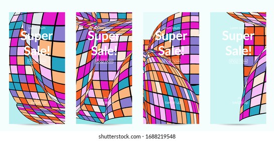 Quadratzildmosaik verzerrte Form. Schwarzer Drahtrahmen auf flachen Retro-Farben. Abstrakter Luftballon Vektorillustration Hintergrund.