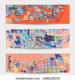 Square pixel mosaic distorted shape. Transparent overlapping squatters create dynamic movement effect. Abstract air balloon vector background.