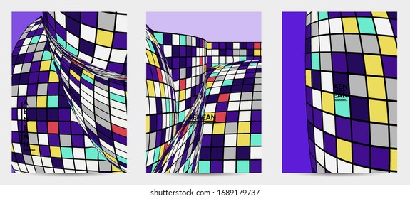 Square pixel mosaic distorted shape. Black wire frame over flat retro colors. Abstract air balloon vector background.