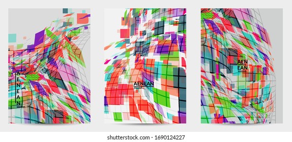 Square pixel mosaic distorted shape. Transparent overlapping squatters create dynamic movement effect. Abstract air balloon vector background.