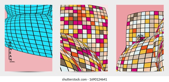 Square pixel mosaic distorted shape. Black wire frame over flat retro colors. Abstract air balloon vector background.