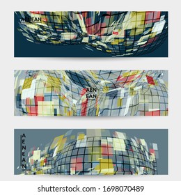 Square pixel mosaic distorted shape. Transparent overlapping squatters create dynamic movement effect. Abstract air balloon vector background.