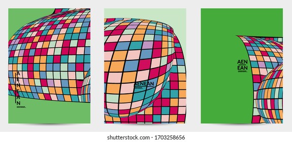 Square pixel mosaic distorted shape. Black wire frame over flat retro colors. Abstract air balloon vector background.