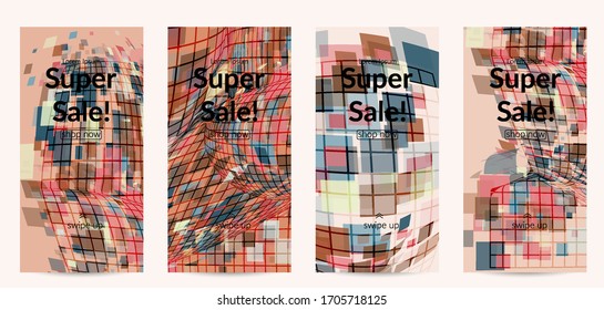 Square pixel mosaic distorted shape. Transparent overlapping squatters create dynamic movement effect. Abstract air balloon vector background.