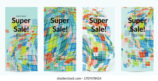 Square pixel mosaic distorted shape. Transparent overlapping squatters create dynamic movement effect. Abstract air balloon vector background.