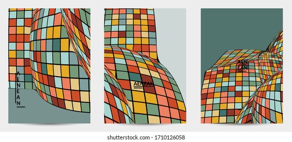 Square pixel mosaic distorted shape. Black wire frame over flat retro colors. Abstract air balloon vector background.