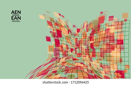 Square pixel mosaic distorted shape. Transparent overlapping squatters create dynamic movement effect. Abstract air balloon vector background.