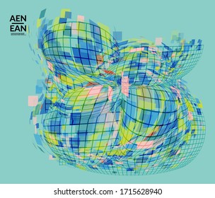 Square pixel mosaic distorted shape. Transparent overlapping squatters create dynamic movement effect. Abstract air balloon vector background