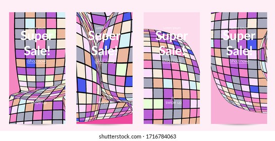 Square pixel mosaic distorted shape. Black wire frame over flat retro colors. Abstract air balloon vector background.