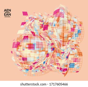 Square pixel mosaic distorted shape. Transparent overlapping squatters create dynamic movement effect. Abstract air balloon vector background