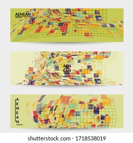 Square pixel mosaic distorted shape. Transparent overlapping squatters create dynamic movement effect. Abstract air balloon vector background.