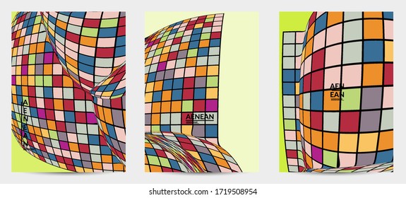 Square pixel mosaic distorted shape. Black wire frame over flat retro colors. Abstract air balloon vector background.