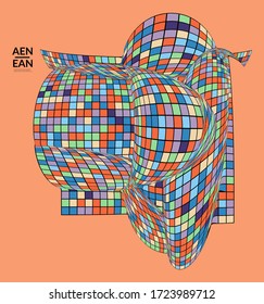 Square pixel mosaic distorted shape. Black wire frame over flat retro colors. Abstract air balloon vector background.