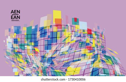 Square pixel mosaic distorted shape. Transparent overlapping squatters create dynamic movement effect. Abstract air balloon vector background.