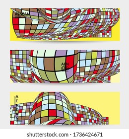 Square pixel mosaic distorted shape. Black wire frame over flat retro colors. Abstract air balloon vector background.